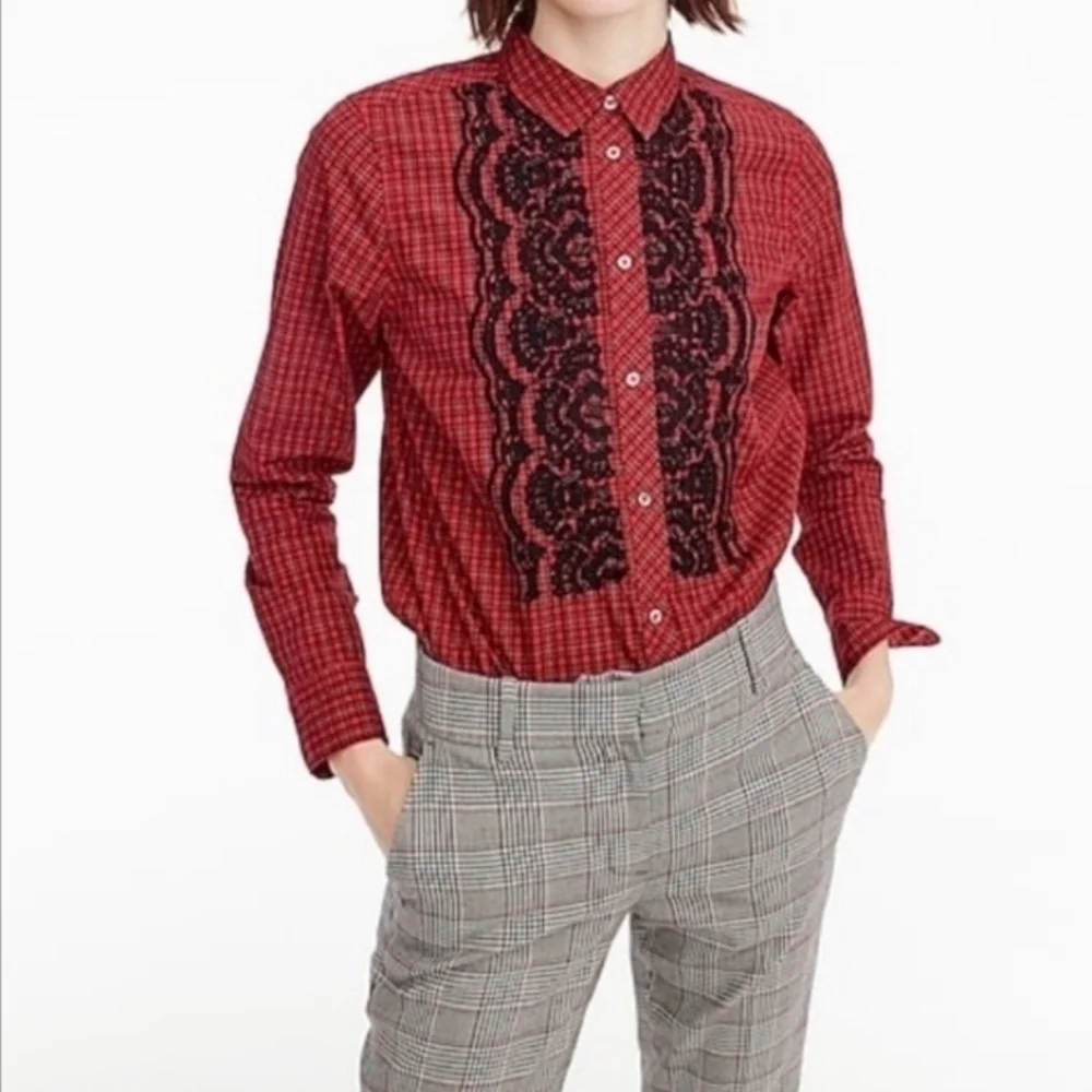 J. Crew Red and Black Lace Detail Shirt - Picture 2 of 6